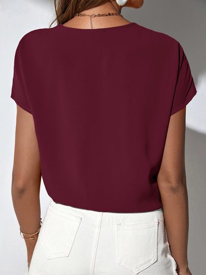 Classy Contrast Guipure Lace Dolman Sleeve Blouse, Short Sleeve Tops.