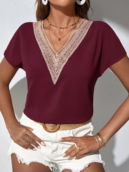 Classy Contrast Guipure Lace Dolman Sleeve Blouse, Short Sleeve Tops.
