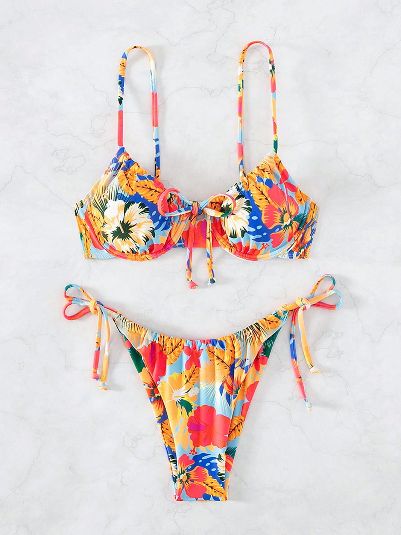 Ladies Spaghetti Strap Floral Print Bikini Top And Tie-Side Bikini Bottom Set  Summer Beach