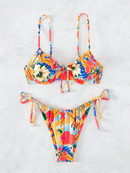 Ladies Spaghetti Strap Floral Print Bikini Top And Tie-Side Bikini Bottom Set  Summer Beach