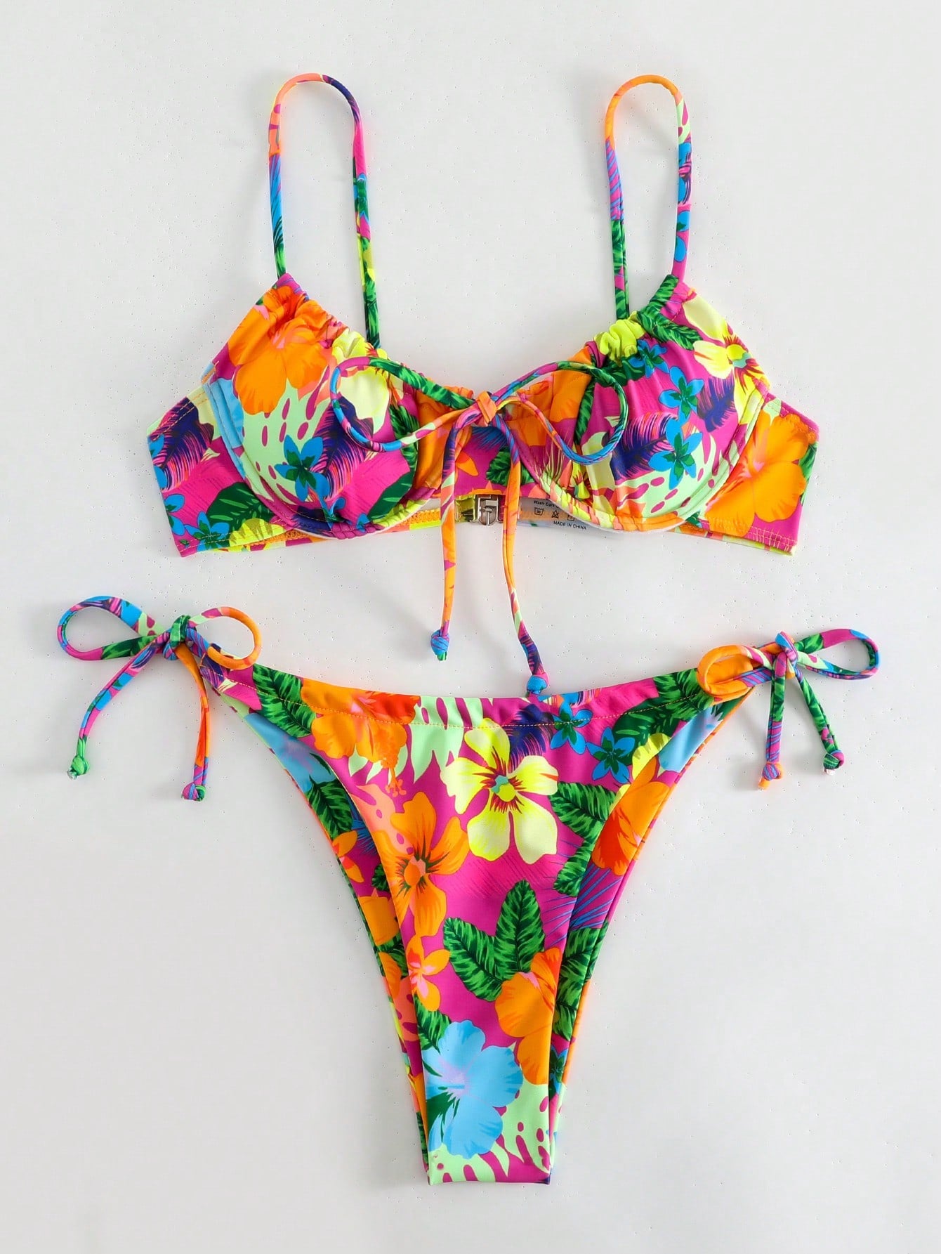 Ladies Spaghetti Strap Floral Print Bikini Top And Tie-Side Bikini Bottom Set  Summer Beach
