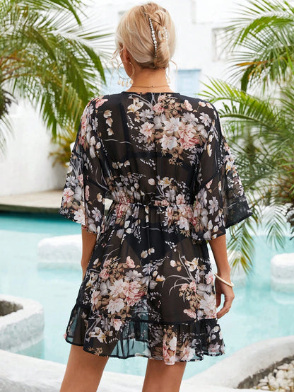 Women's swimwear Floral Print Tie Front Ruffle Hem Cover Up Without Bikini Set Summer