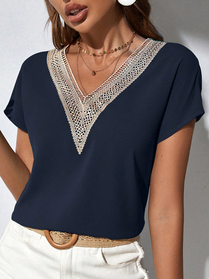 Classy Contrast Guipure Lace Dolman Sleeve Blouse, Short Sleeve Tops.