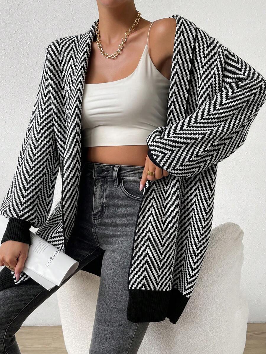 Women's Herringbone Pattern Lantern Sleeve Cardigan
