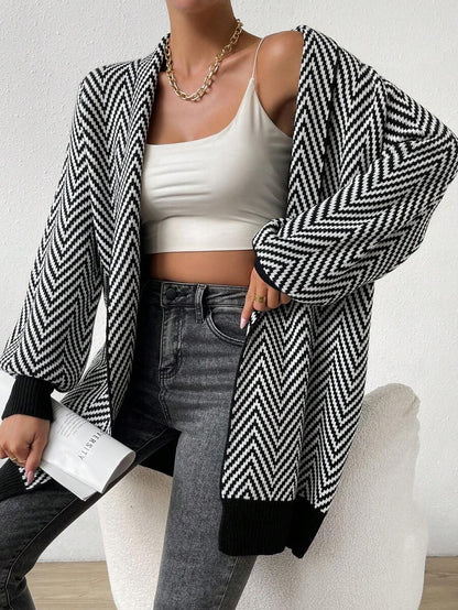 Women's Herringbone Pattern Lantern Sleeve Cardigan