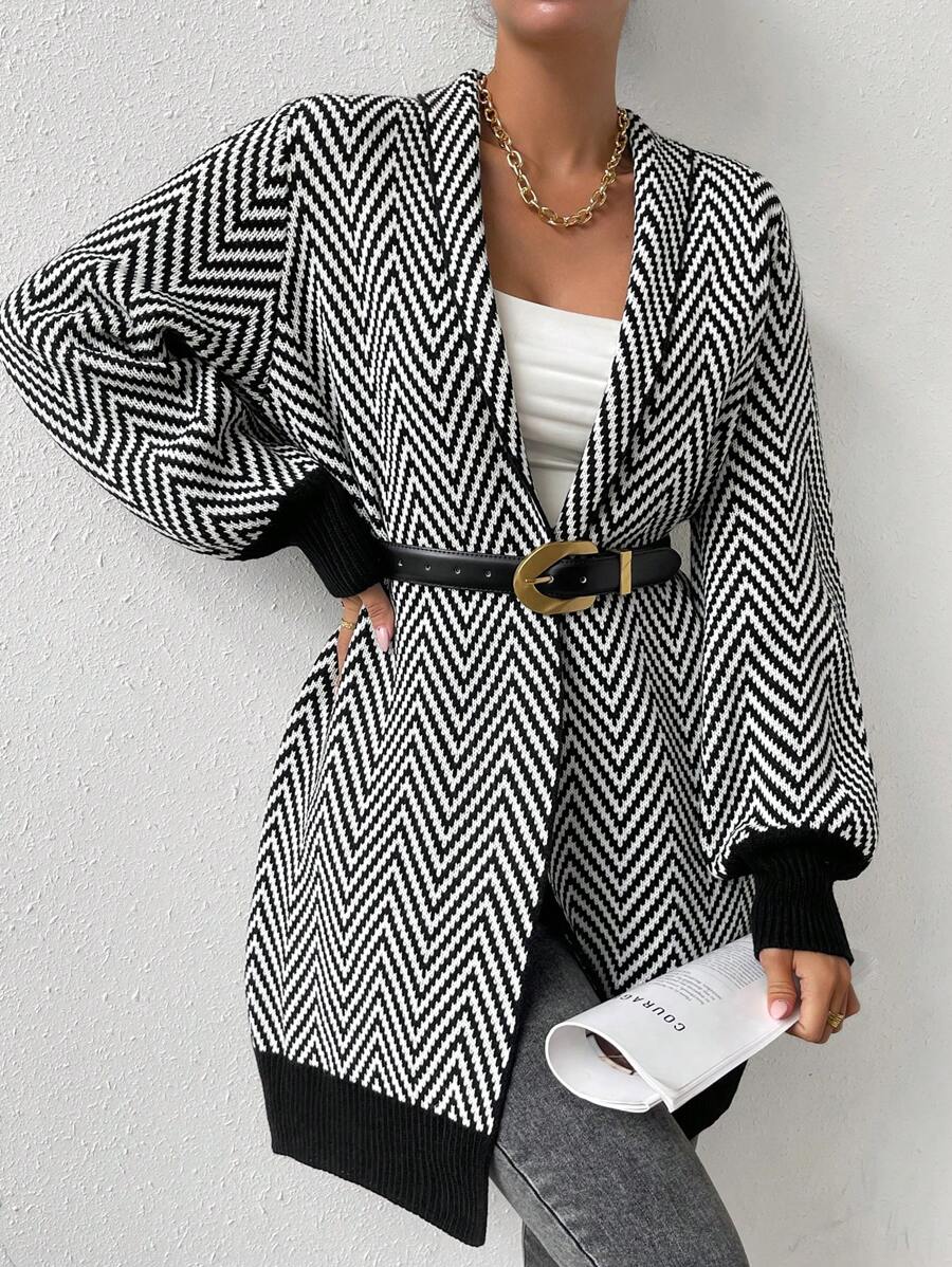 Women's Herringbone Pattern Lantern Sleeve Cardigan