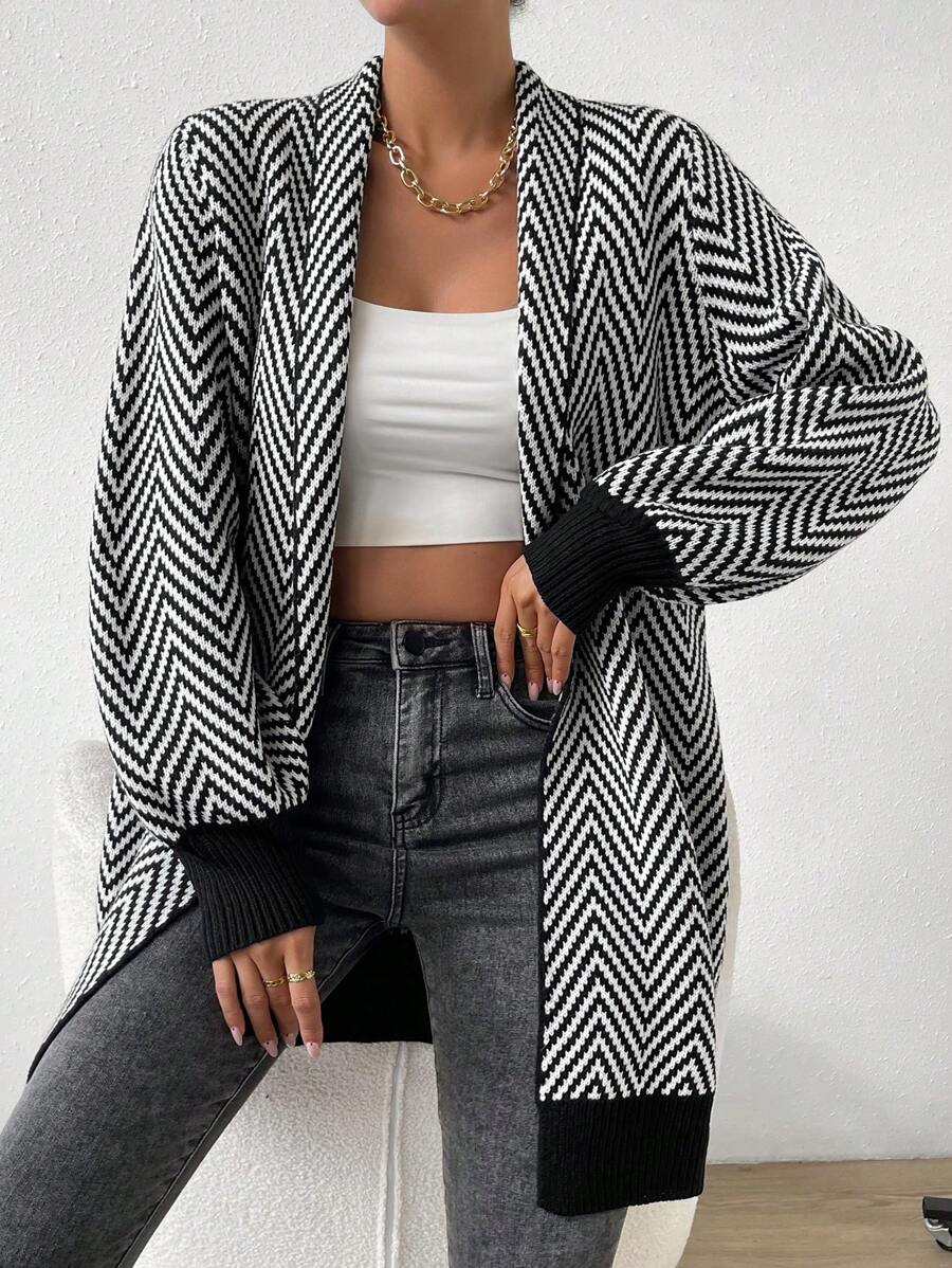 Women's Herringbone Pattern Lantern Sleeve Cardigan