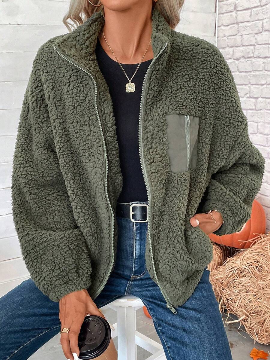 Women's Zip Up Drop Shoulder Teddy Jacket