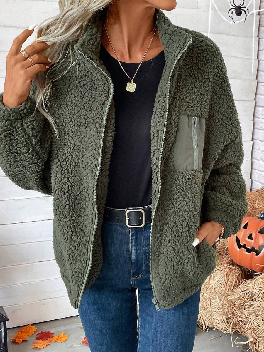 Women's Zip Up Drop Shoulder Teddy Jacket
