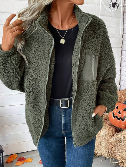 Women's Zip Up Drop Shoulder Teddy Jacket