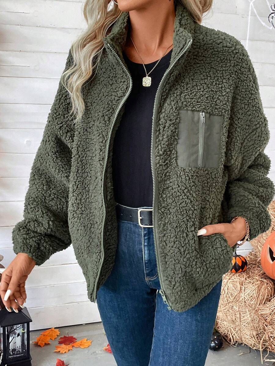 Women's Zip Up Drop Shoulder Teddy Jacket