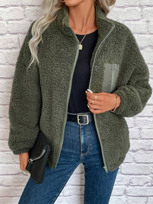 Women's Zip Up Drop Shoulder Teddy Jacket