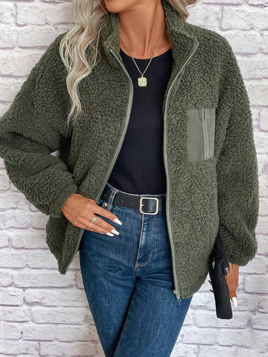 Women's Zip Up Drop Shoulder Teddy Jacket