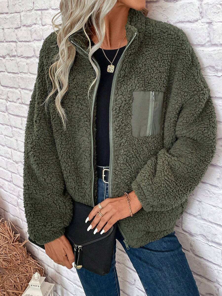 Women's Zip Up Drop Shoulder Teddy Jacket