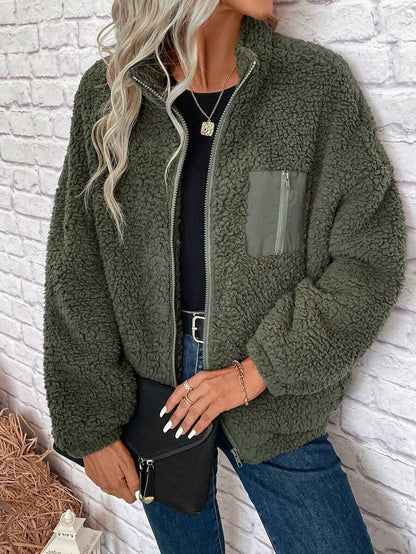 Women's Zip Up Drop Shoulder Teddy Jacket