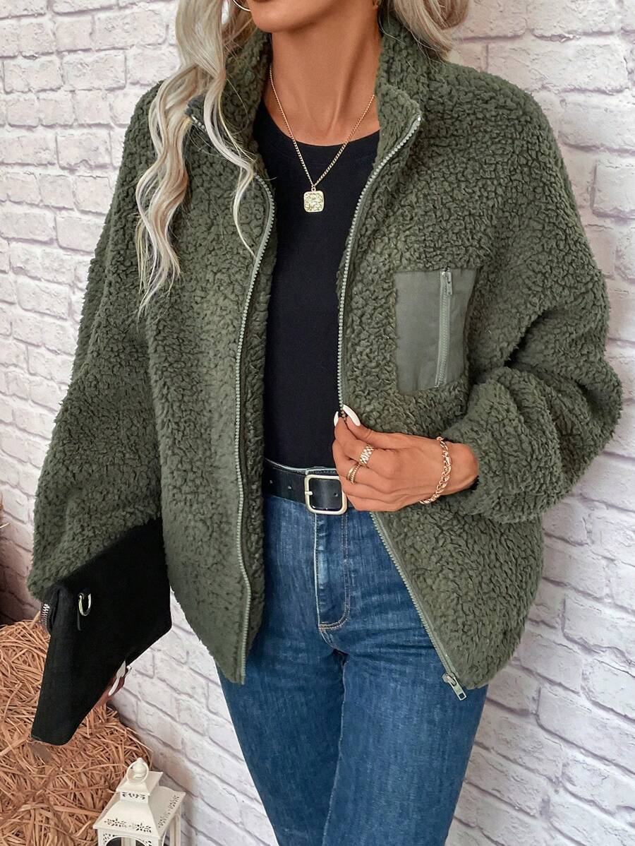 Women's Zip Up Drop Shoulder Teddy Jacket
