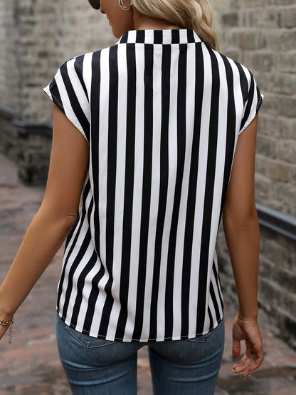 Women's  Striped Print Notched Neckline Batwing Sleeve Blouse.