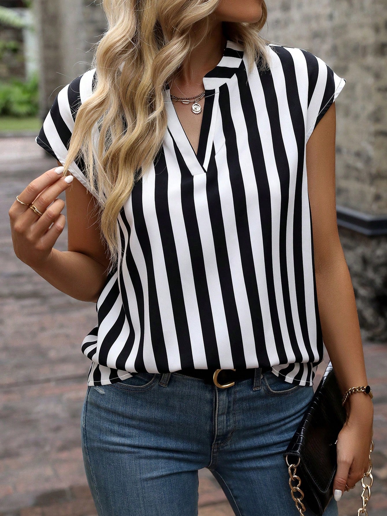 Women's  Striped Print Notched Neckline Batwing Sleeve Blouse.