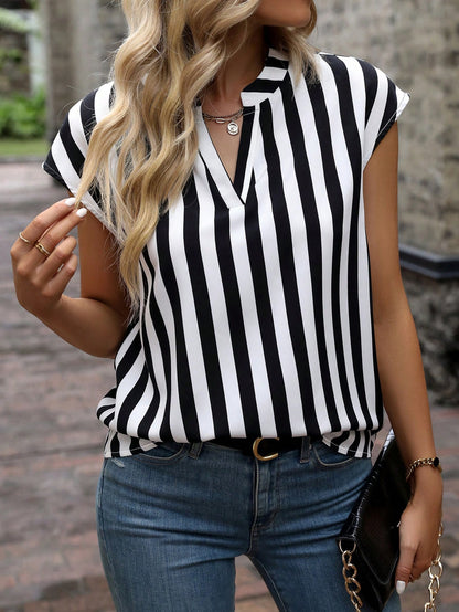 Women's  Striped Print Notched Neckline Batwing Sleeve Blouse.