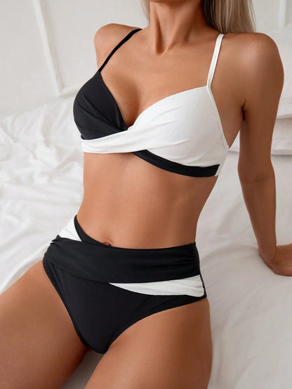 Swim Summer Beach Women's Colorblock Cross Detail Bikini Set