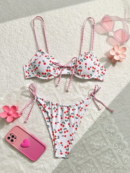 Ladies Spaghetti Strap Floral Print Bikini Top And Tie-Side Bikini Bottom Set  Summer Beach