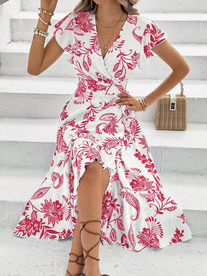 Floral Print Butterfly Sleeve Knot Side Dress Maxi Women Outfit