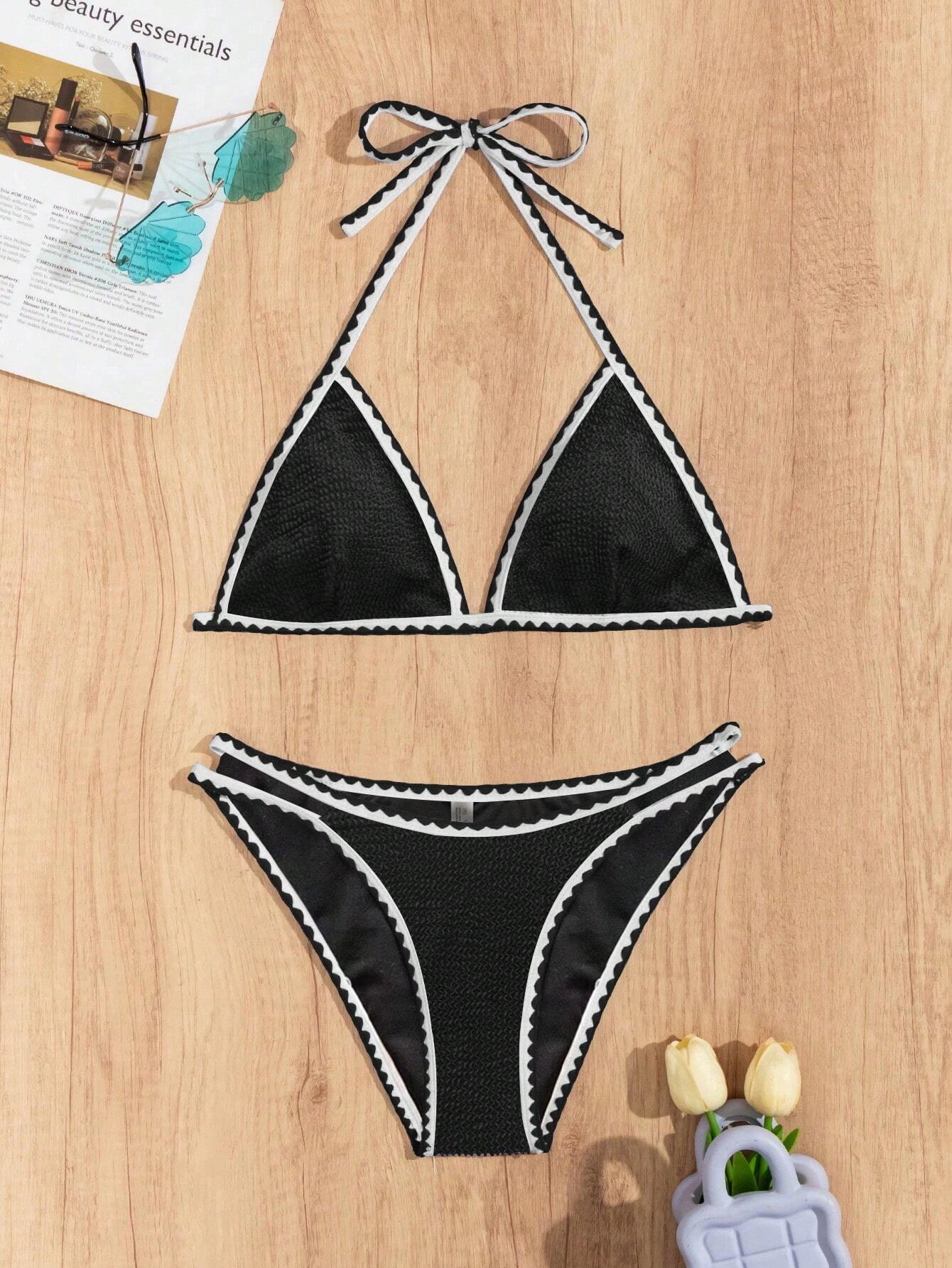 Ladies' Vacation Snakeskin Print Halter Neck Strap Sexy Bikini Set With Tassel Trim, 2pcs.
