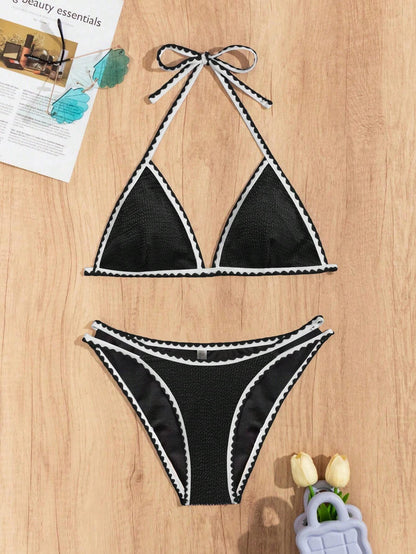 Ladies' Vacation Snakeskin Print Halter Neck Strap Sexy Bikini Set With Tassel Trim, 2pcs.