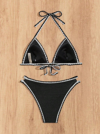 Ladies' Vacation Snakeskin Print Halter Neck Strap Sexy Bikini Set With Tassel Trim, 2pcs.