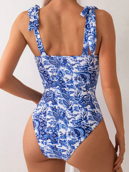 Vintage Printed One-Piece Swimsuit For Women,Summer Beach