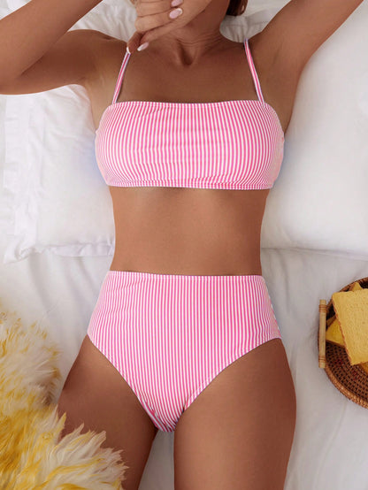 Women's Random Striped Print Bandeau Bikini Top And High Waist Bikini Bottom Set, Casual Beach Vacation