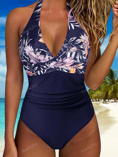 1pc Conservative Tree Leaf & Solid Color Pattern Swimsuit, Casual Beach Holiday Swimwear For Women