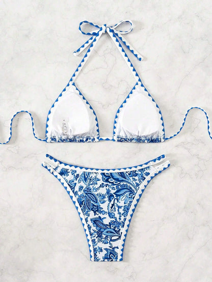 Women's Summer Beach Plant Printed Halter Neck Sexy Bikini Set