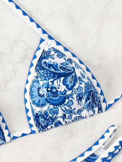 Women's Summer Beach Plant Printed Halter Neck Sexy Bikini Set