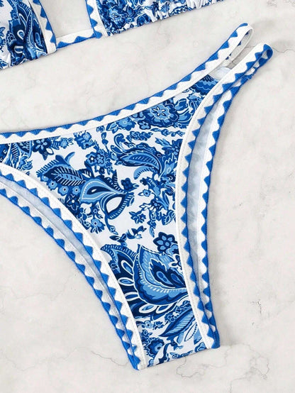 Women's Summer Beach Plant Printed Halter Neck Sexy Bikini Set