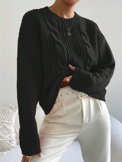 Chiquease 1pc Women Oversized Solid Color Round Neck Drop Shoulder Long Sleeve Casual Pullover Sweater, Autumn/Winter,Long Sleeve Tops Knit Pullover Fall Outfit