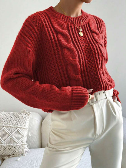 Chiquease 1pc Women Oversized Solid Color Round Neck Drop Shoulder Long Sleeve Casual Pullover Sweater, Autumn/Winter,Long Sleeve Tops Knit Pullover Fall Outfit