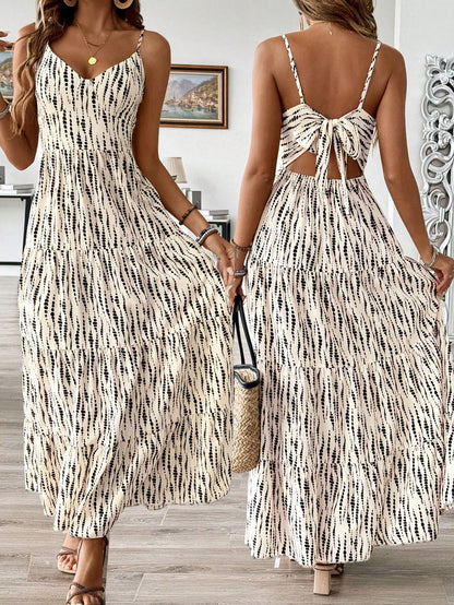 Women's Bohemian Style Belted Spaghetti Strap Patchwork Dress Maxi Vacation Beach Outfit