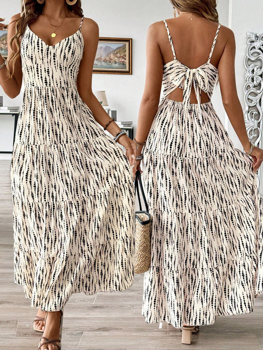 Women's Bohemian Style Belted Spaghetti Strap Patchwork Dress Maxi Vacation Beach Outfit
