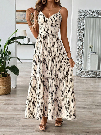 Women's Bohemian Style Belted Spaghetti Strap Patchwork Dress Maxi Vacation Beach Outfit