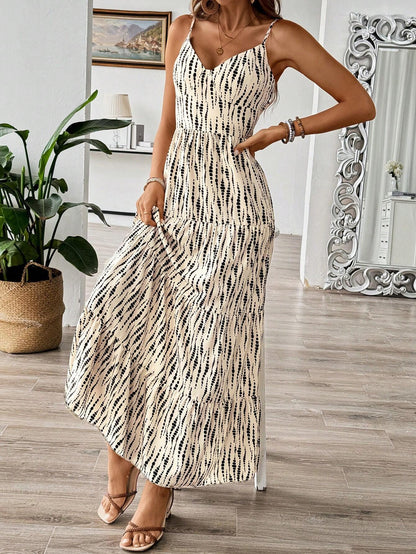 Women's Bohemian Style Belted Spaghetti Strap Patchwork Dress Maxi Vacation Beach Outfit