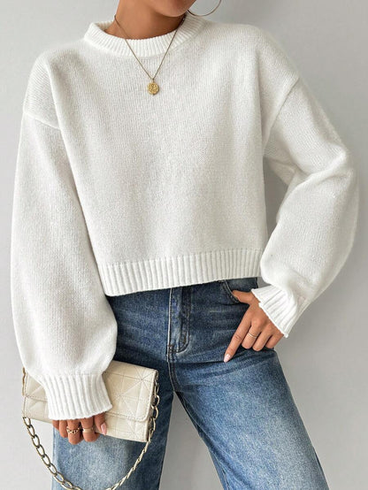 Celisse Tropiluxe Women's Solid Color Simple Casual Crew Neck Long Sleeve White Sweater