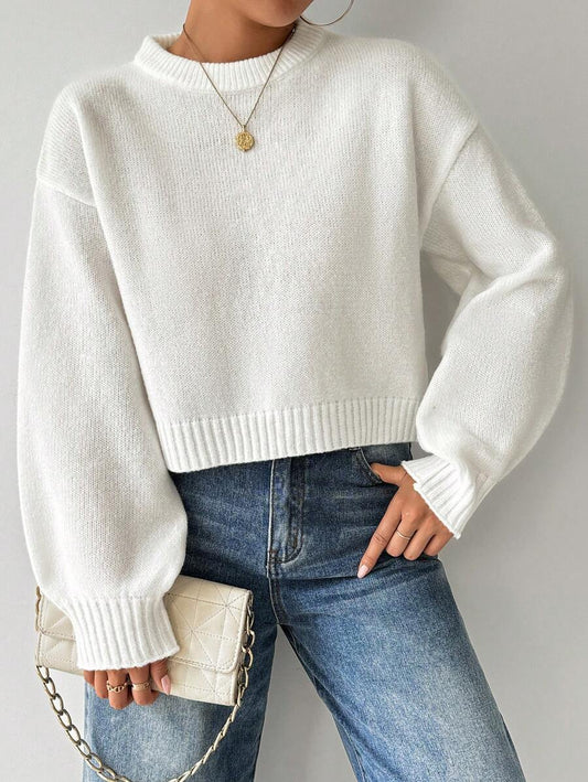 Celisse Tropiluxe Women's Solid Color Simple Casual Crew Neck Long Sleeve White Sweater