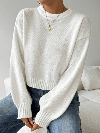 Celisse Tropiluxe Women's Solid Color Simple Casual Crew Neck Long Sleeve White Sweater