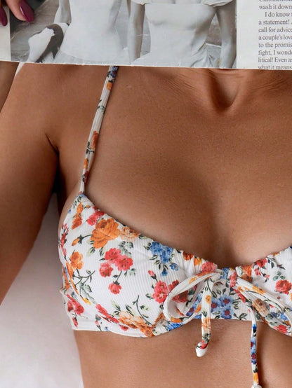 Ladies Spaghetti Strap Floral Print Bikini Top And Tie-Side Bikini Bottom Set  Summer Beach
