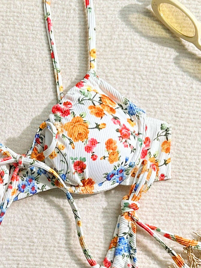 Ladies Spaghetti Strap Floral Print Bikini Top And Tie-Side Bikini Bottom Set  Summer Beach