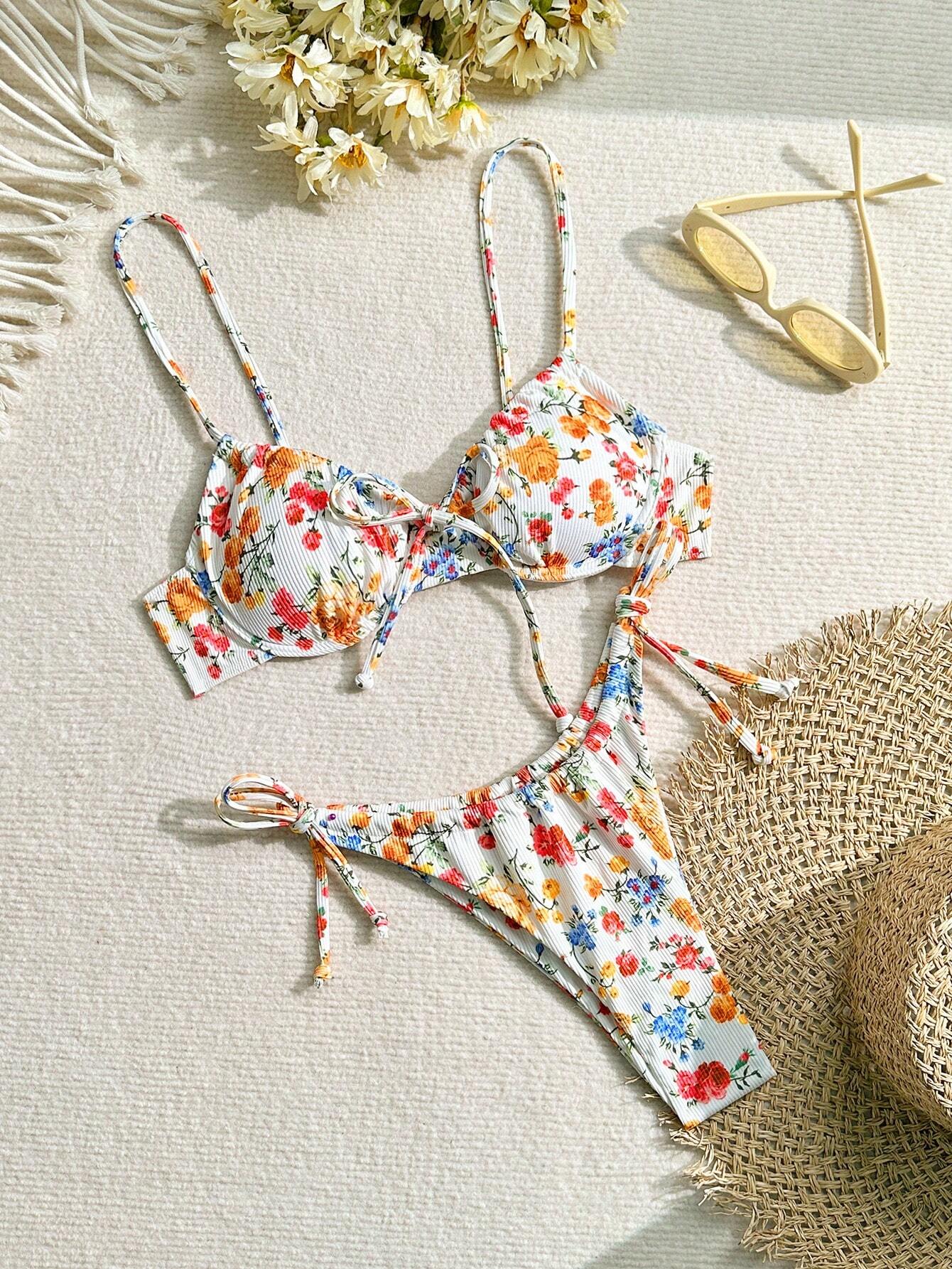 Ladies Spaghetti Strap Floral Print Bikini Top And Tie-Side Bikini Bottom Set  Summer Beach