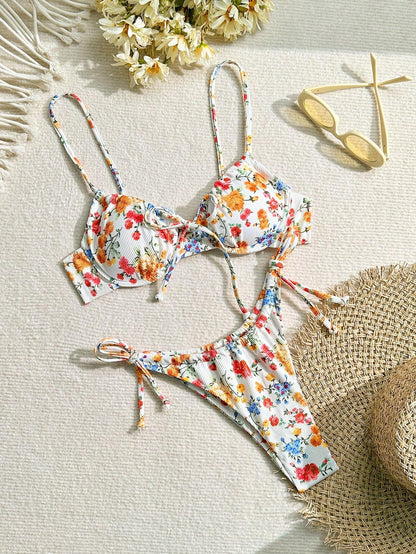 Ladies Spaghetti Strap Floral Print Bikini Top And Tie-Side Bikini Bottom Set  Summer Beach