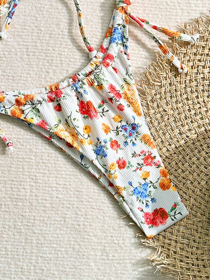 Ladies Spaghetti Strap Floral Print Bikini Top And Tie-Side Bikini Bottom Set  Summer Beach