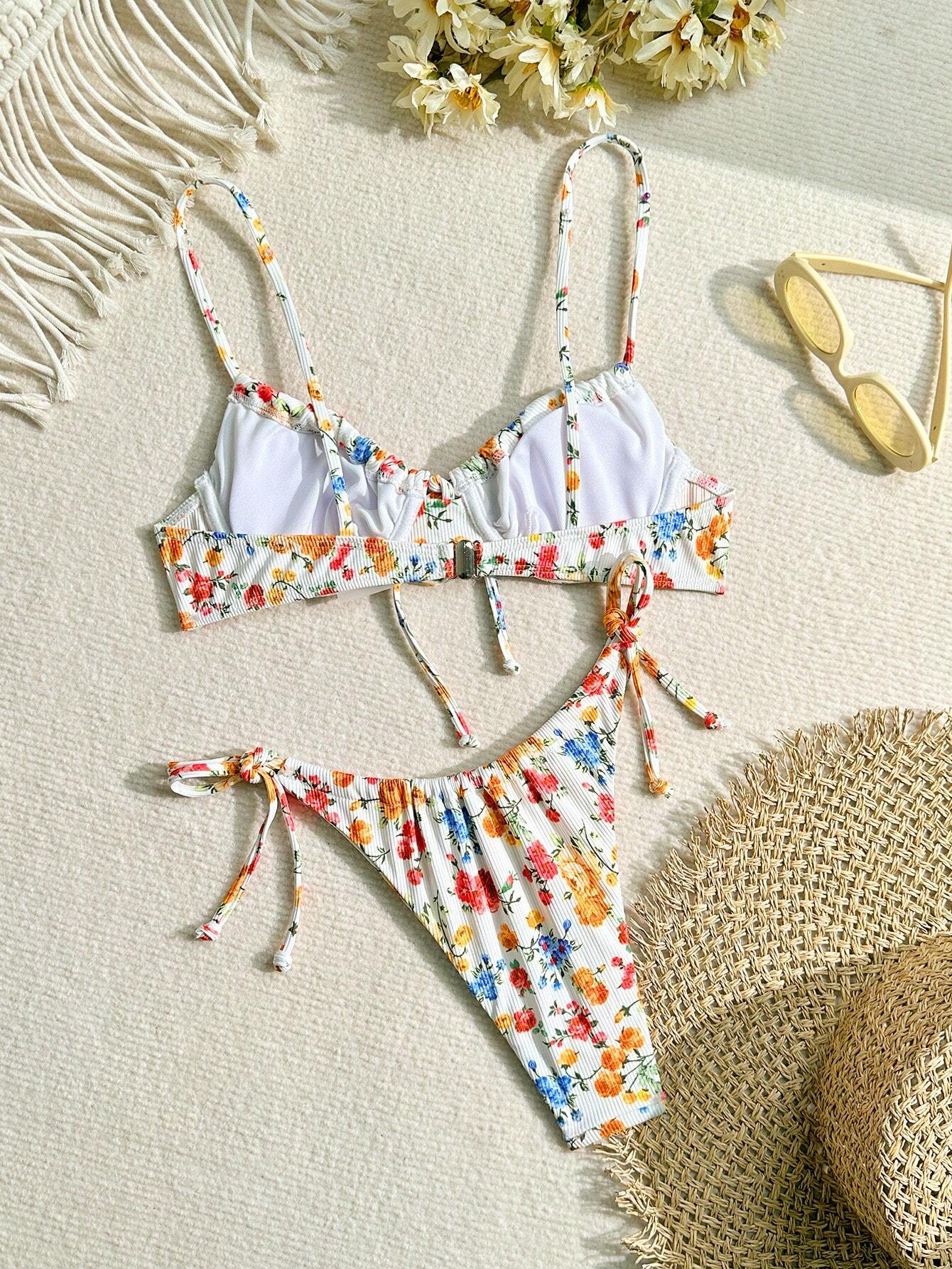 Ladies Spaghetti Strap Floral Print Bikini Top And Tie-Side Bikini Bottom Set  Summer Beach
